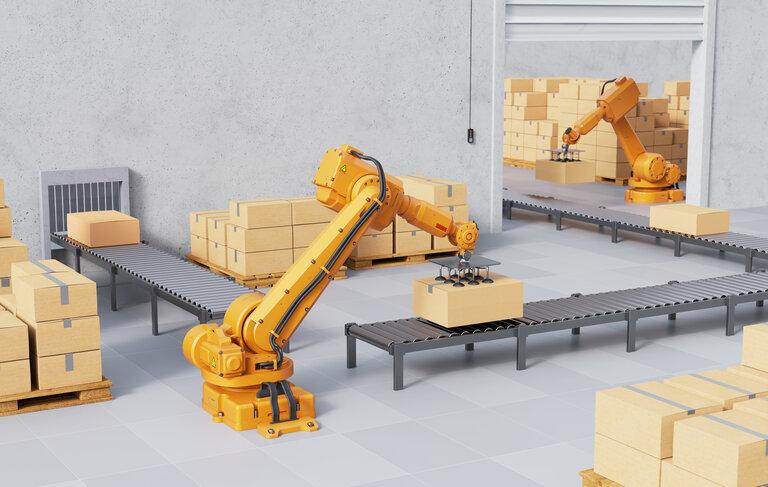 Konzept für die robotergestützte Palettierung und Verpackung. Industrieller Hintergrund. 3D-Illustration